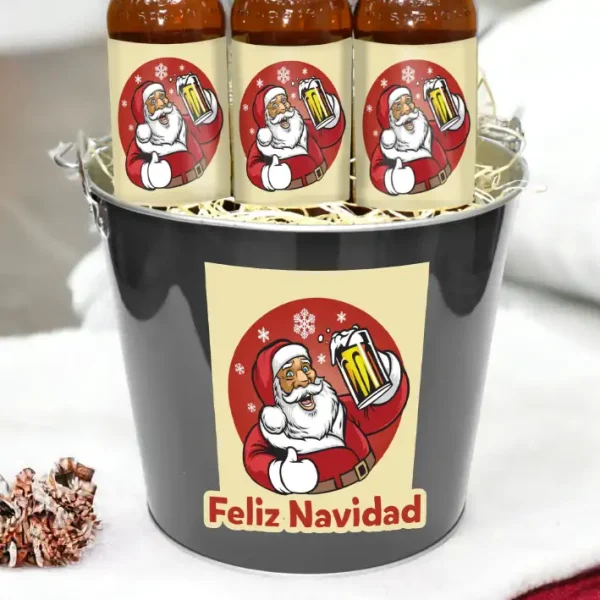 Cubo de cervezas, metálico, editado con adhesivo de papá Noel y texto Feliz Navidad. con 3 botellas.