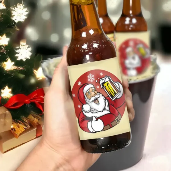 Cerveza botella, con adhesivo de papá Noel y texto Feliz Navidad. con 3 botellas.