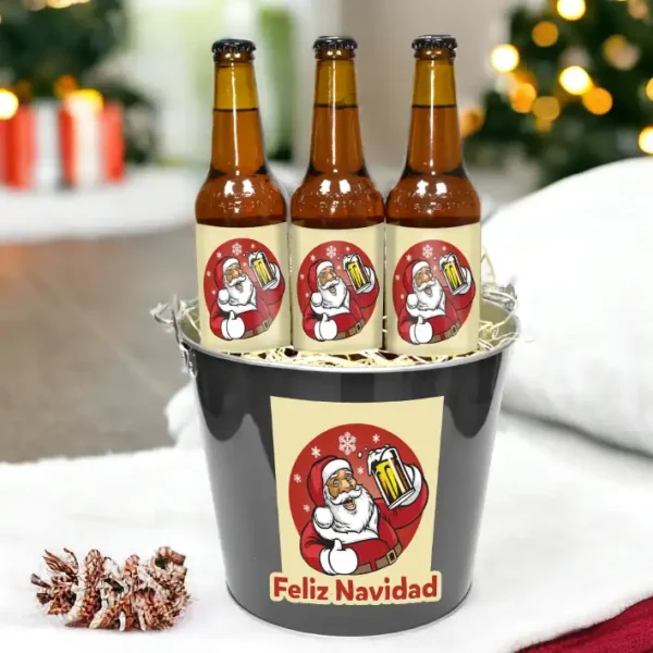 Cubo de cervezas, metálico, editado con adhesivo de papá Noel y texto Feliz Navidad. con 3 botellas.