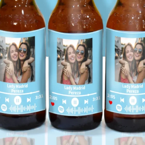 3 Botellas de cerveza personalizadas con foto y código de Spotify.