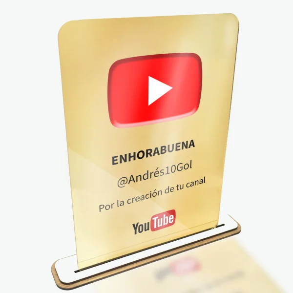 Placa metacrilato dorado. Personalizada de YouTube.