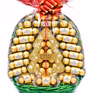 Cesta de Navidad con bombones Ferrero Rocher, decoración dorada en forma de árbol navideño, cesto verde y gran lazo rojo y dorado.