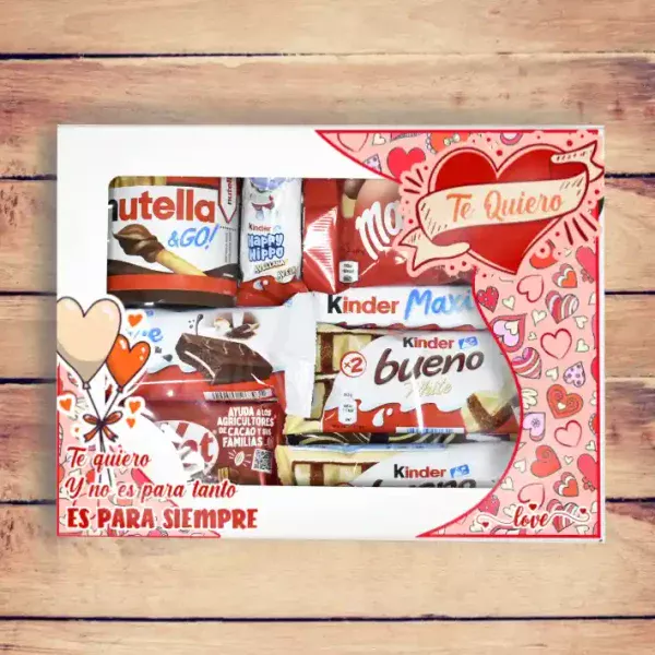 Estuche con chocolates con un mensaje romántico que dice. " Te quiero y no es para tanto es para siempre"