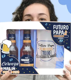 Pack de jarra de cerveza más dos botellines. Con mensaje para futuros papás.
