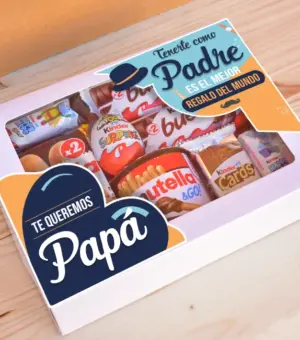 Caja con chocolates con mensaje te queremos papá.