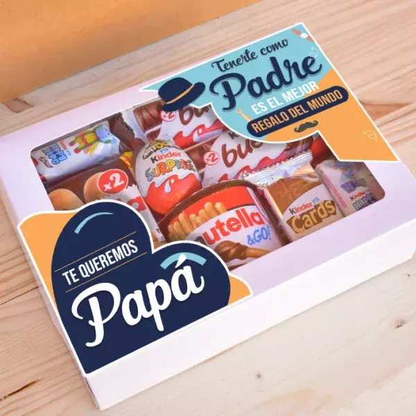 Caja con chocolates con mensaje te queremos papá.