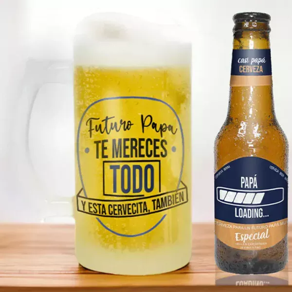 Pack de jarra de cerveza más dos botellines. Con mensaje para futuros papás.