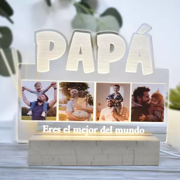 Lámpara personalizada con 4 fotos y la palabra PAPÁ grabada. Con texto mejor padre del mundo.