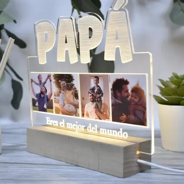 Lámpara personalizada con 4 fotos y la palabra PAPÁ grabada. Con texto mejor padre del mundo.