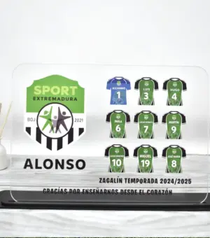 Placa de metacrilato para regalar a los entrenadores de futbol base.