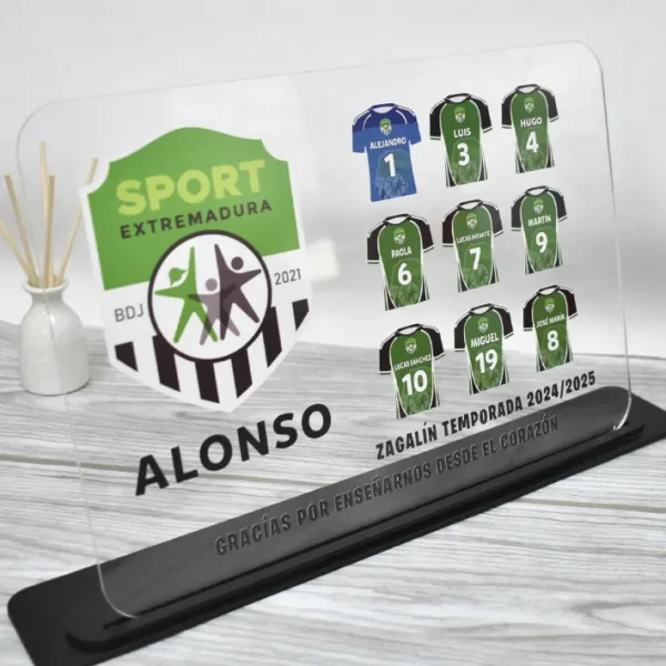 Placa de metacrilato para regalar a los entrenadores de futbol base.