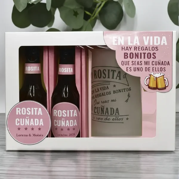 Estuche de cerveza para regalar a cuñada. Jarra personalizada.