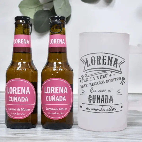 Set de Cerveza para cuñadas. Dos botellines y una Jarra de cerveza personalizada.