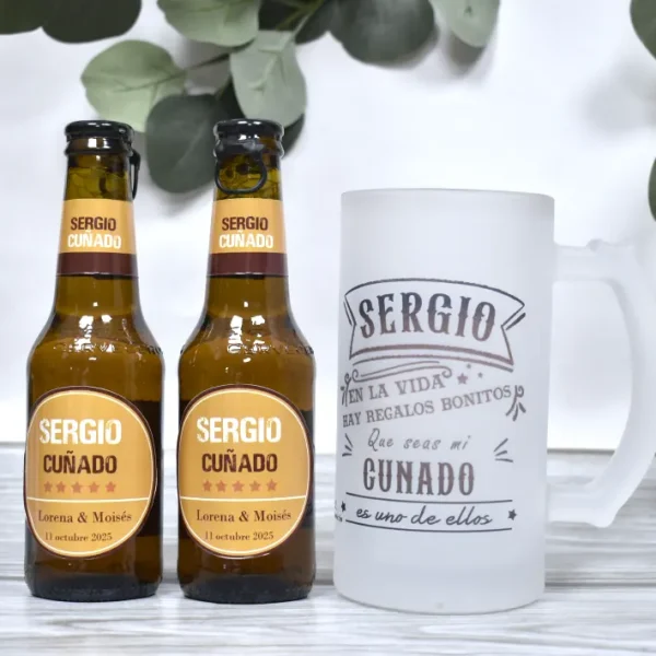 Set de Cerveza para cuñados. Dos botellines y una Jarra de cerveza personalizada.
