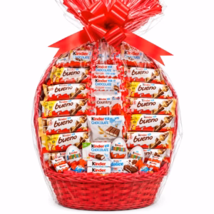 Cesta roja de chocolates Kínder variados con Kínder Bueno, Kínder Chocolate, Kínder Sorpresa y gran lazo rojo.