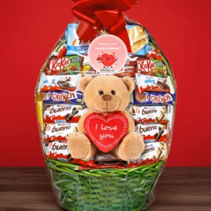 Cesta de Chocolates y Peluche San Valentín. Con lazo rojo y frase: "gracias por llenar mi vida de felicidad"
