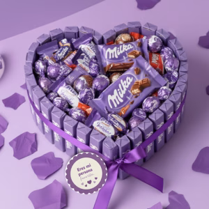 Tarta en forma de corazón con chocolates Milka para regalo