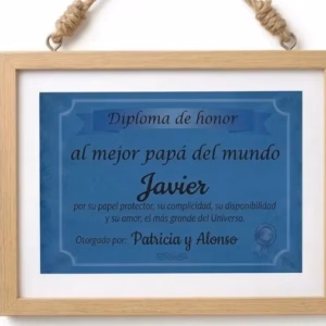 Cuadro de madera de haya con diploma personalizado de reconocimiento para padres.