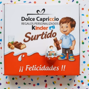Estuche Kinder Regalo con la palabra Felicidades impresa y surtido premium de 30 piezas Ferrero de Dolce Capriccio.