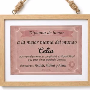 Cuadro artesanal de madera de haya con diploma personalizado de honor para madres.