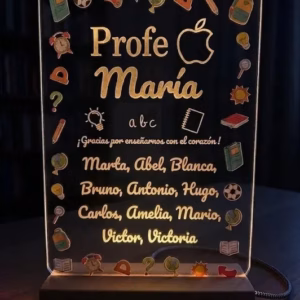 Lámpara personalizada metacrilato transparente con luz LED de compañía y base de madera para profesores y equipos.