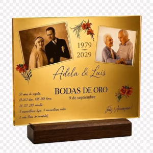 Placa personalizada dorada de Bodas de Oro con fotos y detalles familiares.