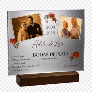 Placa de metacrilato plateado efecto espejo para aniversario de Bodas de Plata con fotos personalizadas.
