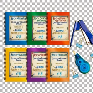 Lote de seis blocs de espiral personalizados de diferentes colores para materias escolares en tamaño A5.