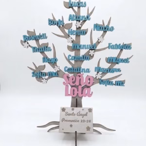 Árbol de madera personalizado para seño, plano frontal, diseño con nombres de niños en verde y Seño Lola en rosa.