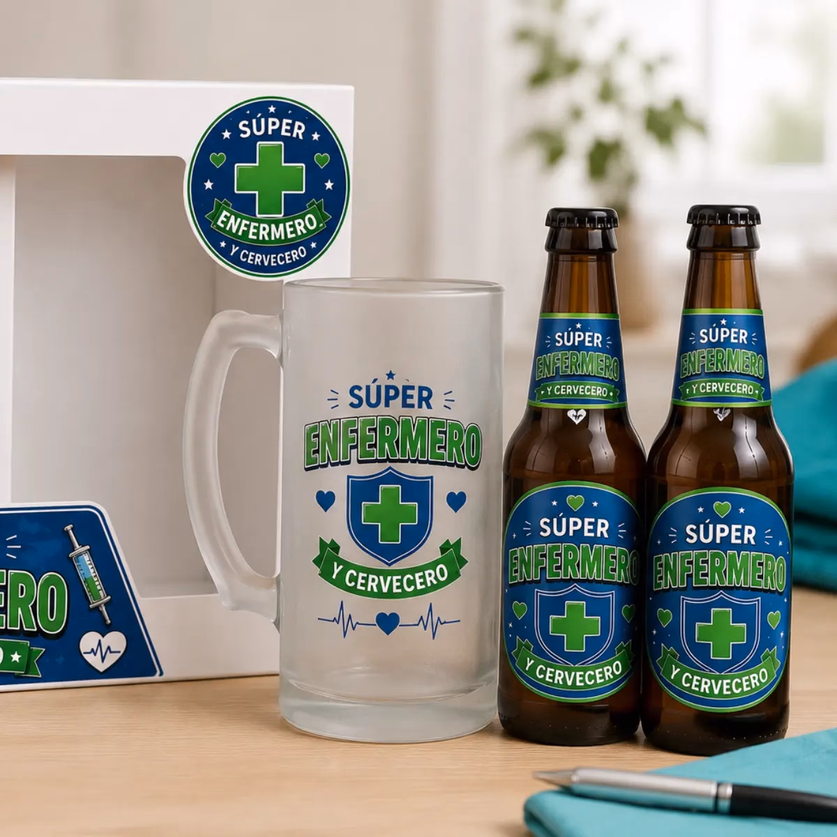 ¿Qué regalar a un enfermero? Jarra de cristal y dos botellines de cerveza con diseño exclusivo para profesionales de la enfermería.