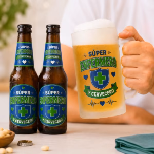 Regalo para enfermero con dos botellines de cerveza y jarra de cristal personalizada. Un detalle original para sorprender a cualquier profesional de la enfermería.