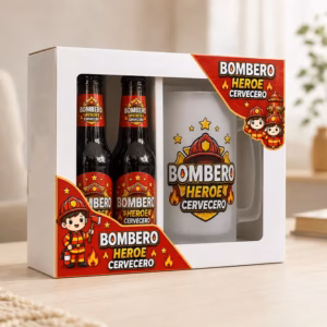 Regalo para bombero con estuche de cerveza, dos botellines y jarra de cristal con diseño exclusivo Bombero Héroe Cervecero.