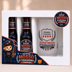 Regalo para Mossos d'Esquadra con estuche de cerveza, dos botellines y jarra de cristal. Un regalo original para sorprender a cualquier Mosso d'Esquadra.