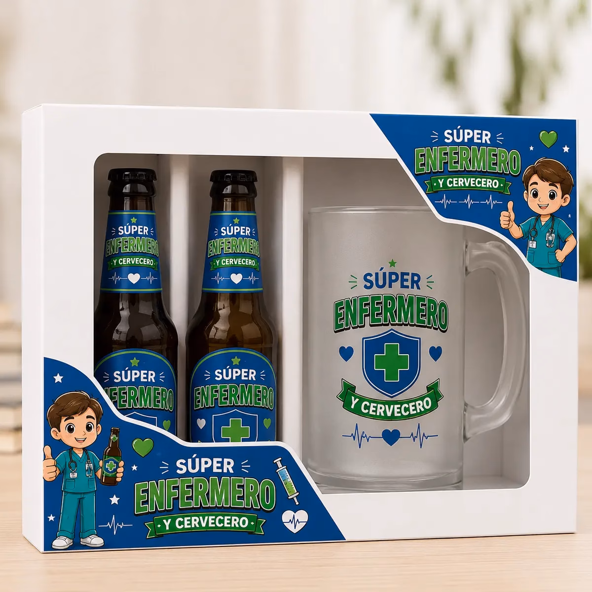 Regalo para enfermero con estuche de cerveza, dos botellines y jarra de cristal con diseño exclusivo Súper Enfermero y Cervecero.