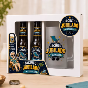 Regalo de jubilación personalizado con nombre en el estuche, las cervezas y la jarra de cristal. Un regalo original para sorprender a cualquier jubilado.