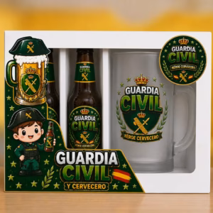 Estuche regalo Guardia Civil con 2 cervezas Estrella Galicia y jarra de cristal personalizada