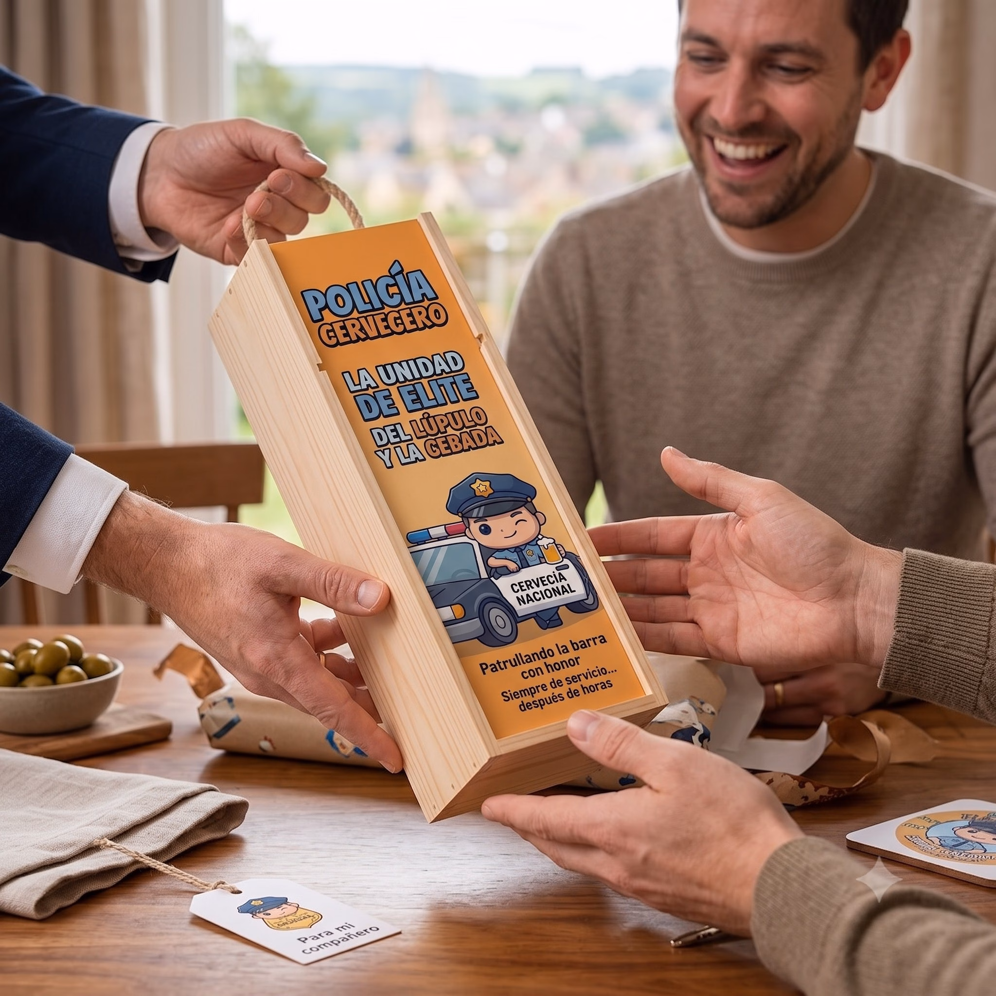Policía recibiendo en familia su caja de cerveza XXL de regalo