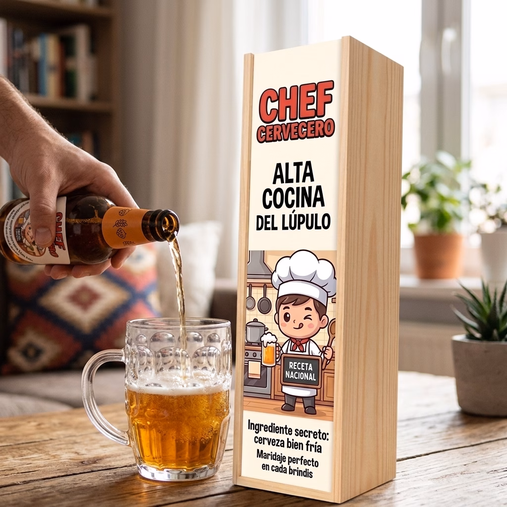 Cerveza de cocinero XXL servida en jarra junto a su estuche de madera
