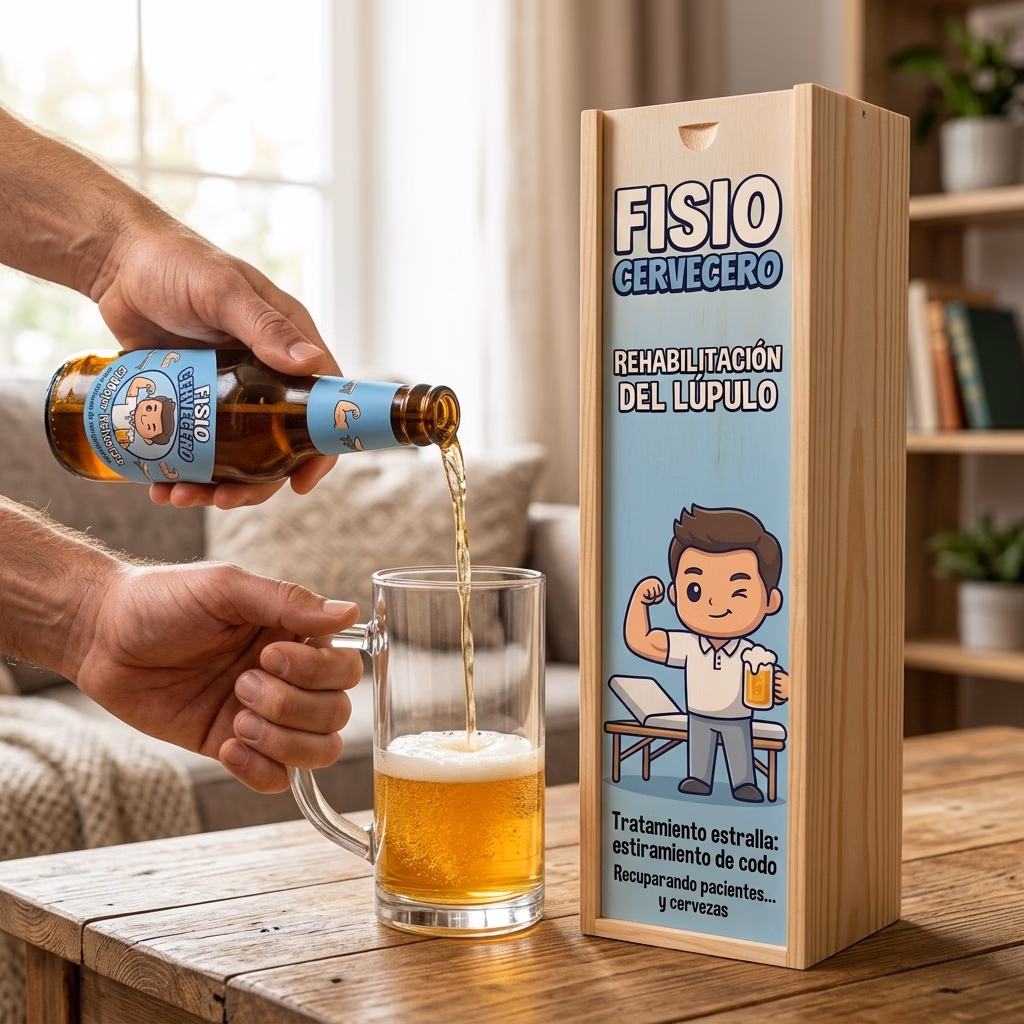 Cerveza de fisioterapeuta XXL servida en jarra junto a su estuche de madera