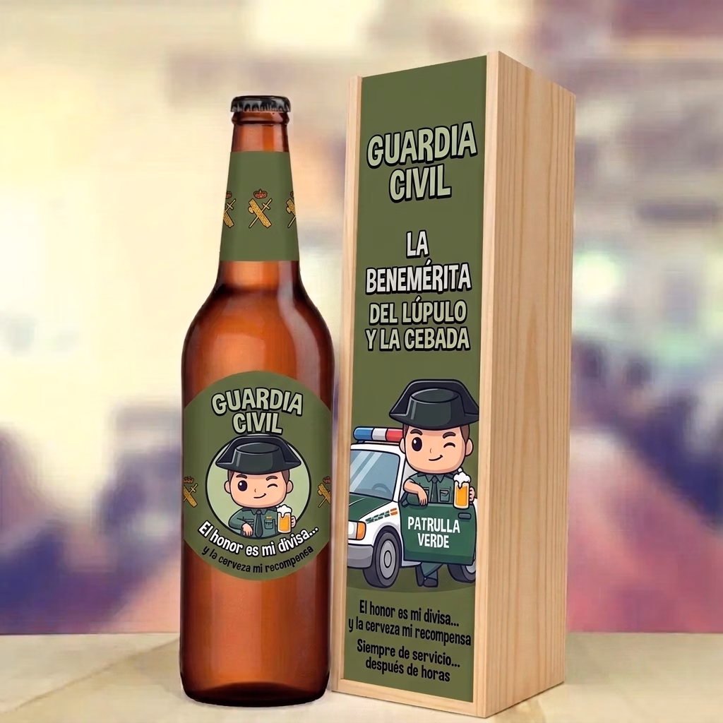 Caja de cerveza XXL regalo para guardia civil en estuche de madera de pino