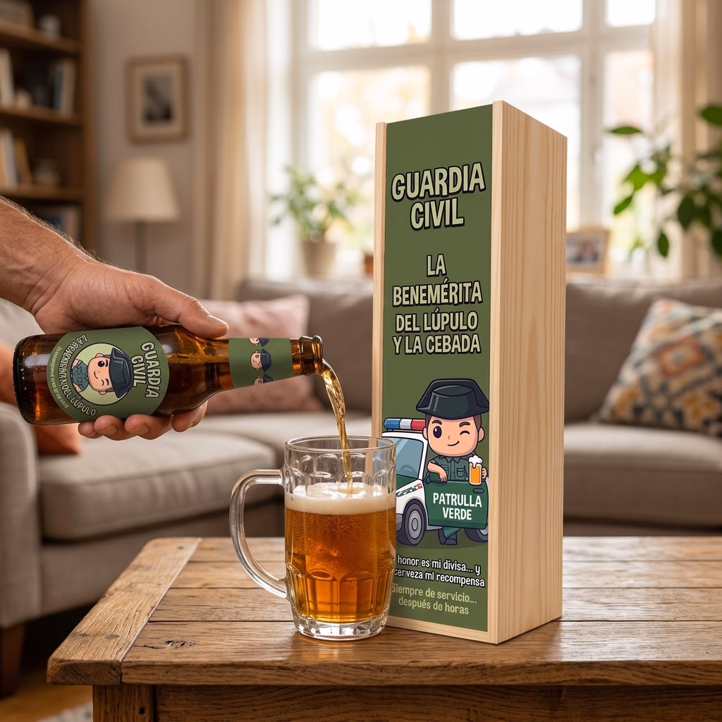 Cerveza de guardia civil XXL servida en jarra junto a su estuche de madera