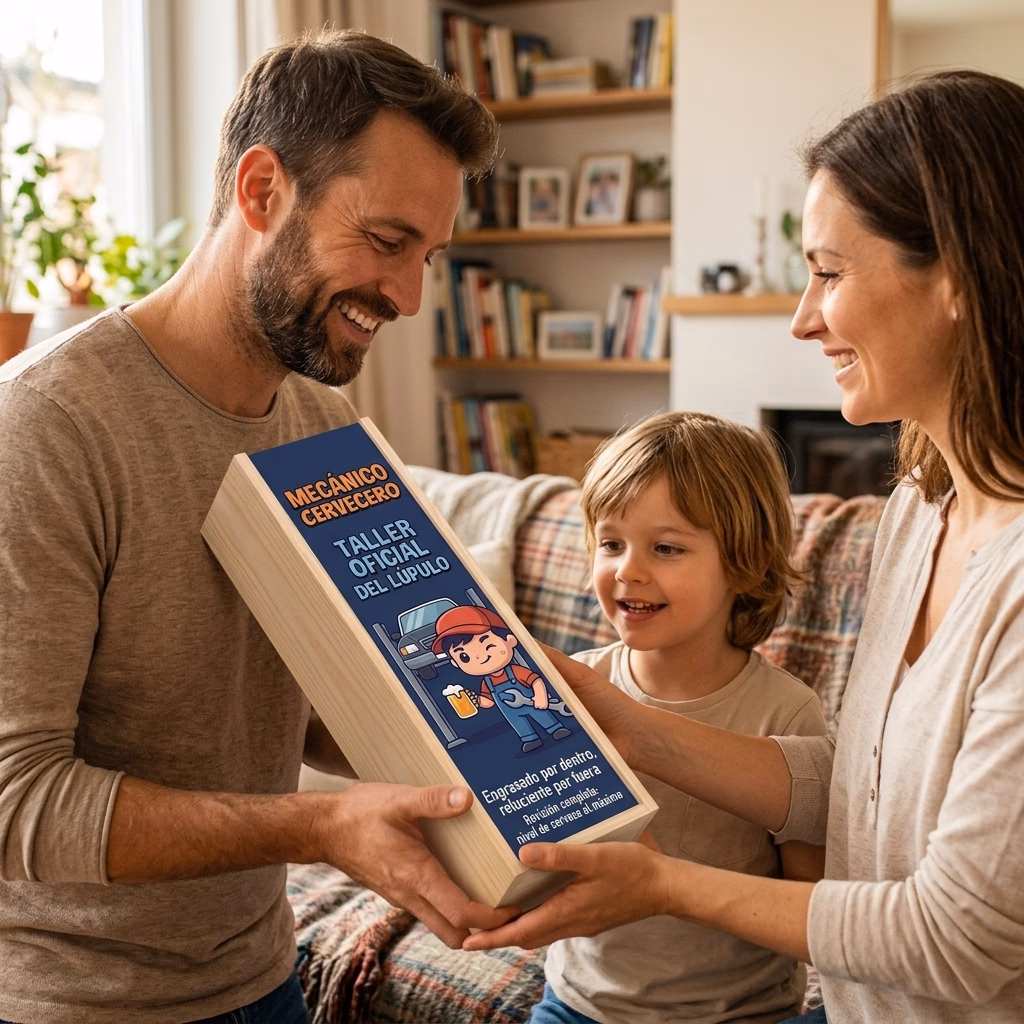 Mecánico recibiendo en familia su caja de cerveza XXL de regalo