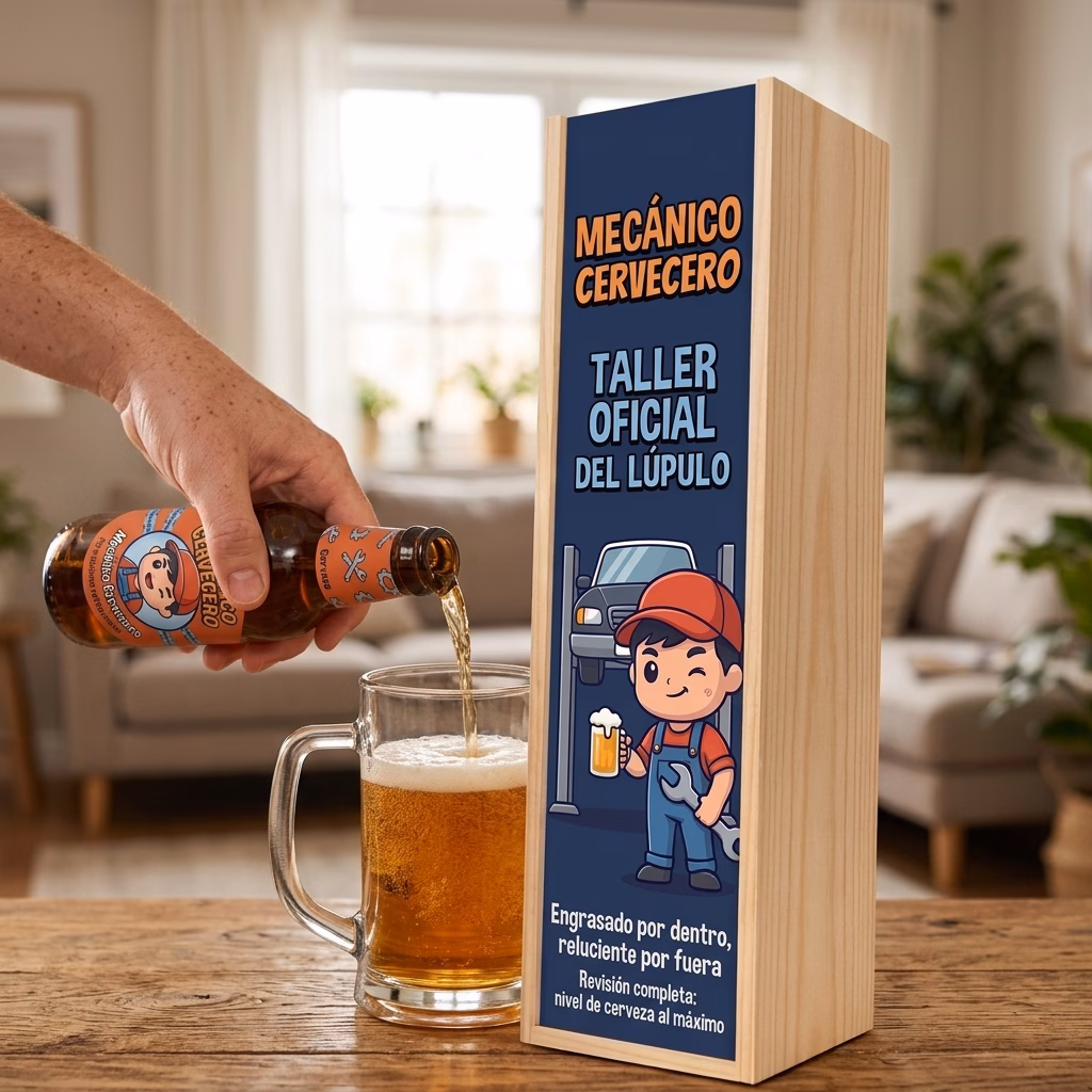 Cerveza de mecánico XXL servida en jarra junto a su estuche de madera