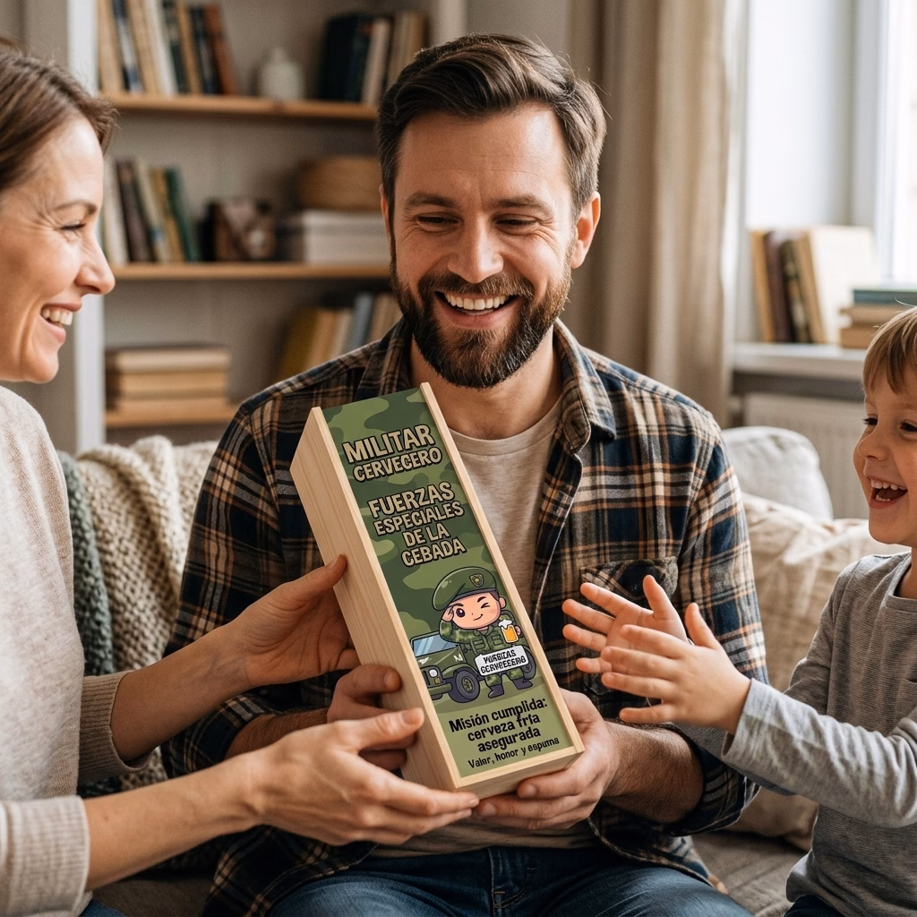 Militar recibiendo en familia su caja de cerveza XXL de regalo
