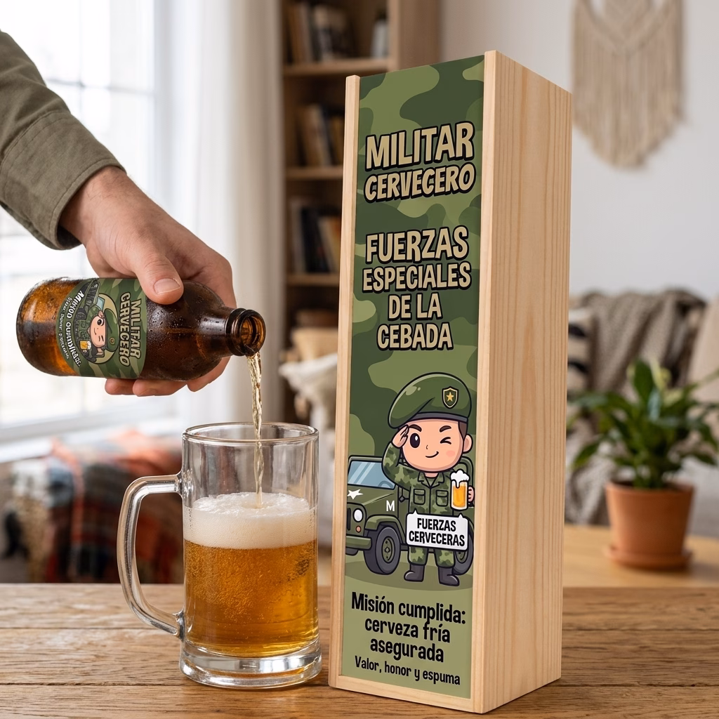 Cerveza de militar XXL servida en jarra junto a su estuche de madera