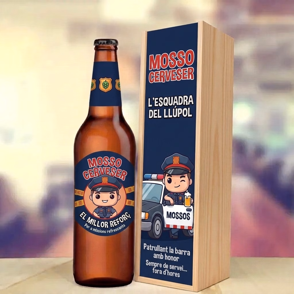 Caja de cerveza XXL regalo para mossos d'esquadra en estuche de madera de pino