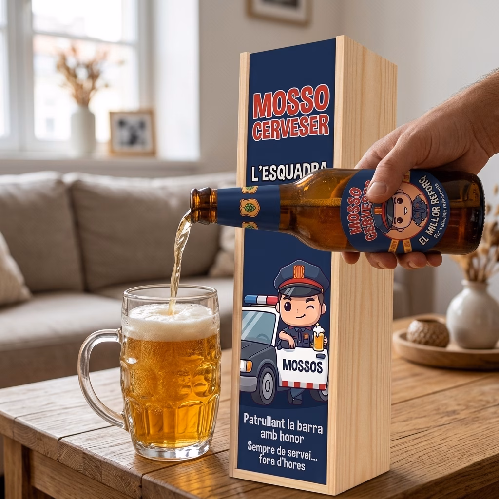 Cerveza de mossos d'esquadra XXL servida en jarra junto a su estuche de madera