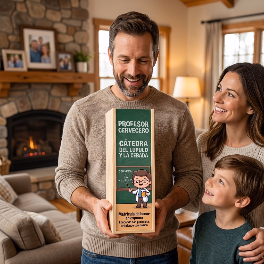 Profesor recibiendo en familia su caja de cerveza XXL de regalo