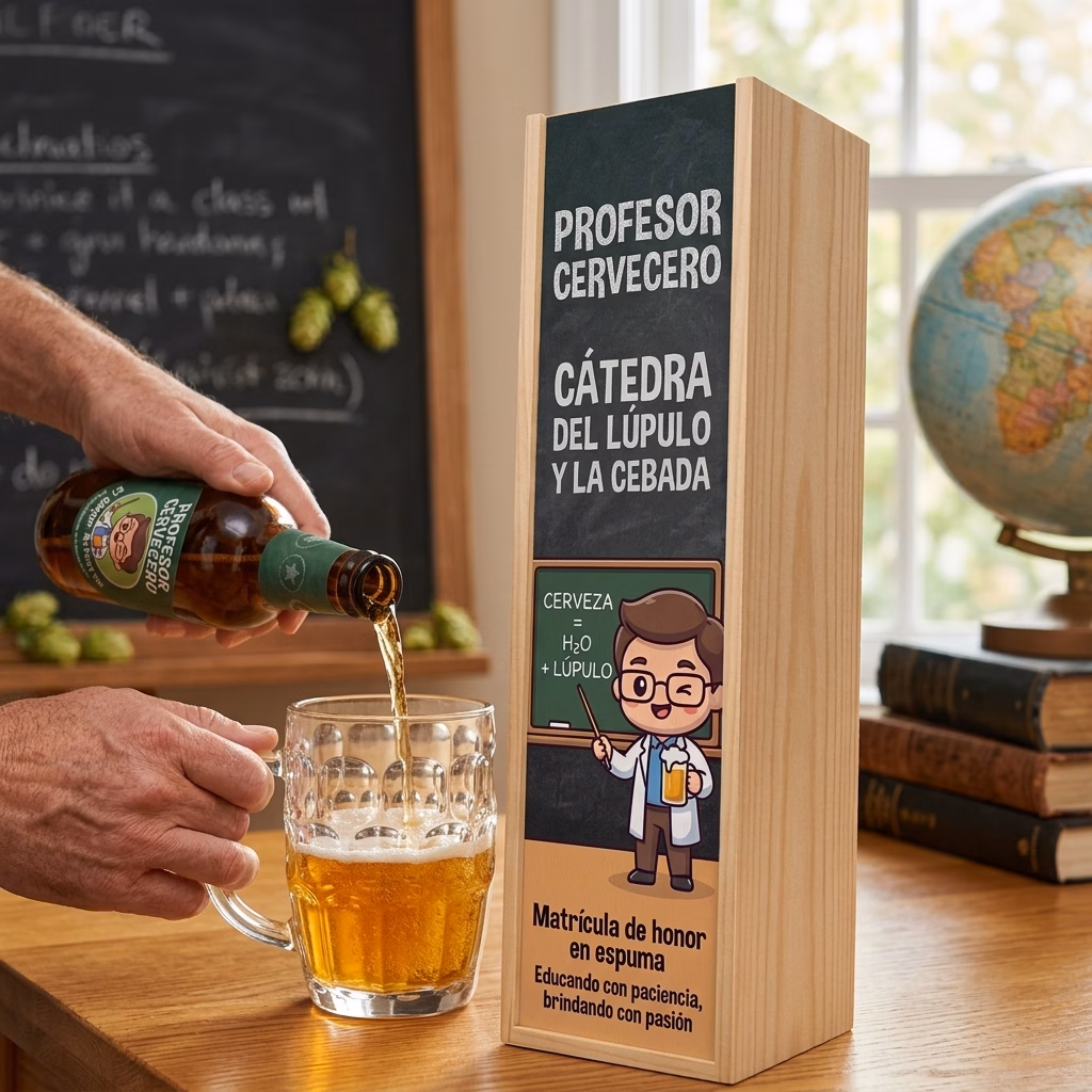Cerveza de profesor XXL servida en jarra junto a su estuche de madera