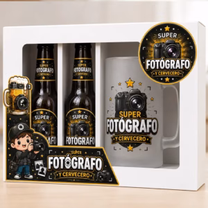 Regalo para fotógrafo con estuche de cerveza, dos botellines y jarra de cristal con diseño exclusivo para amantes de la fotografía.